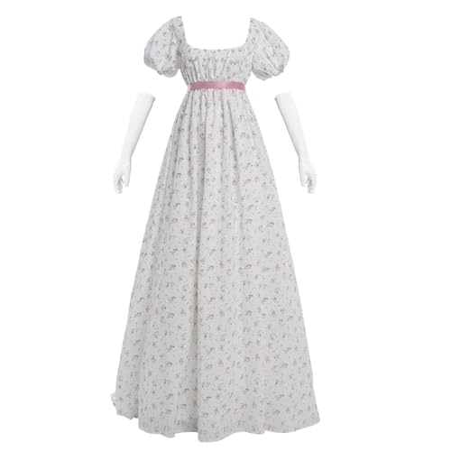 LTAKK Regency Kleider für Damen, Blumen mit Puffärmeln, Renaissance-Kleid, Teepartykleid, Regency-Ballkleid, Weiß, XXL von LTAKK