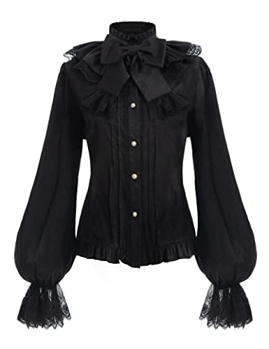 LTAKK Viktorianische Bluse Frauen Gothic Shirt Vintage Lotus Rüschen Langarm Tops, schwarz 2, 3X-Groß von LTAKK