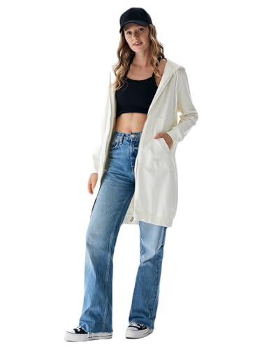 LTB Jeans Damen Kapuzenpullover Mesata Locker Langarm mit Reißverschluss aus Baumwollmischung in Weiß Größe XS von LTB Jeans