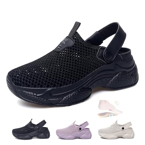 Atmungsaktive Damen-Sneaker, Netzstoff, Freizeit-Sneaker, Plateau-Clogs, Schlupfschuhe, leichte Strandsandalen, modische Pantoffeln, schwarz 1, 35 EU von LTHTX