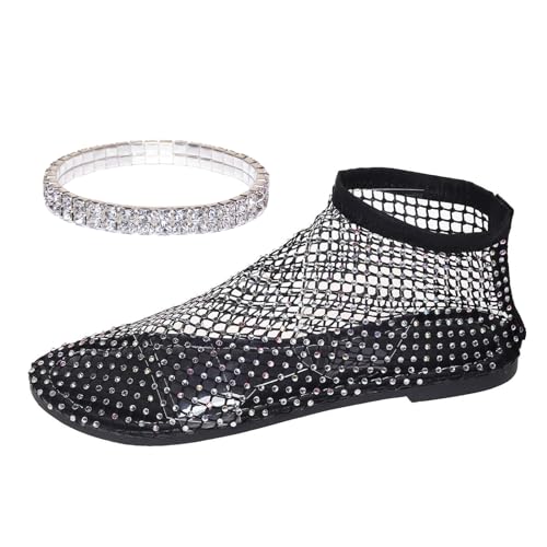 Belifi Fischmaul-Sandalen für Damen, Stretch-Fischnetzstrümpfe, hohl, kurz, ultra-bequem, glänzendes Edelstein-Mesh-Flats, glitzernde Schuhe, Schwarz , 36.5 EU von LTHTX