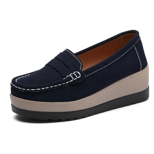 Comfort Slip-On Leder Loafers Damenschuhe Bequeme Chunky Suede Penny Loafers Casual Dressy Black Work Flats, dunkelblau, 37 EU von LTHTX