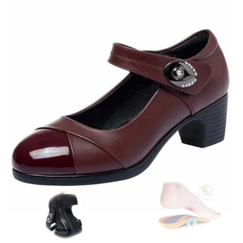 Dame Mary Janes Pumps Chunky High Heel Kleid Schuhe Dicker Absatz Pumps für Damen Orthopädische Schuhe aus Leder mit Diamantknopf (Red,40) von LTHTX