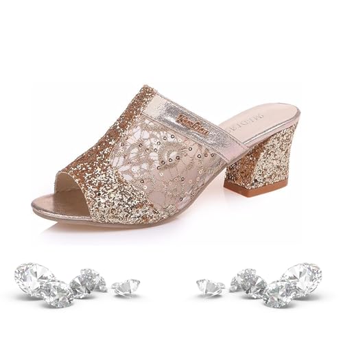 Damen Glitzer Pailletten Dekor Sandalen Glitzer Sandalen für Frauen Niedriger Absatz Schuhe Elegant Funkelnde Sandalen Bling Schuhe, gold, 41 EU von LTHTX