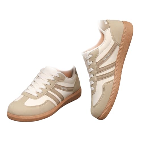 Damen Stilvolle Runde Zehe rutschfeste Freizeitschuhe, Retro Lace Up Fashion Sneakers Trendy Tennisschuh Walking Footwear (Beige,38) von LTHTX