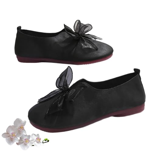 Damen Vintage Mary Jane Flats Komfort Runde Zehen Weiche Sohle Schuhe mit Schleife Elegant Walking Flache Schuhe, Schwarz , 37.5 EU von LTHTX