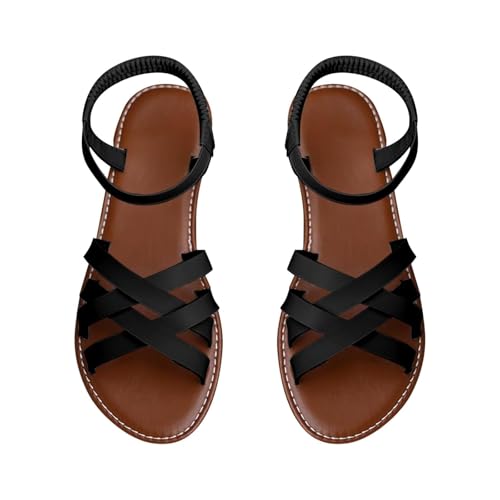 Flache Riemchensandalen für Damen, elegante römische Riemchensandalen mit elastischem Knöchel, rutschfeste Sohlen, Freizeitschuhe für den Sommer, Schwarz , 39 EU von LTHTX