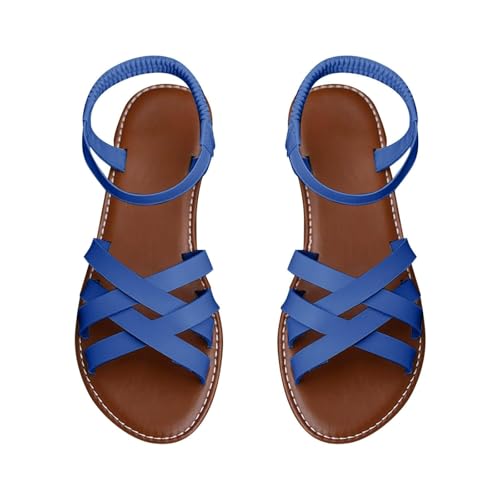 Flache Riemchensandalen für Damen, elegante römische Riemchensandalen mit elastischem Knöchel, rutschfeste Sohlen, Freizeitschuhe für den Sommer, blau, 36 EU von LTHTX