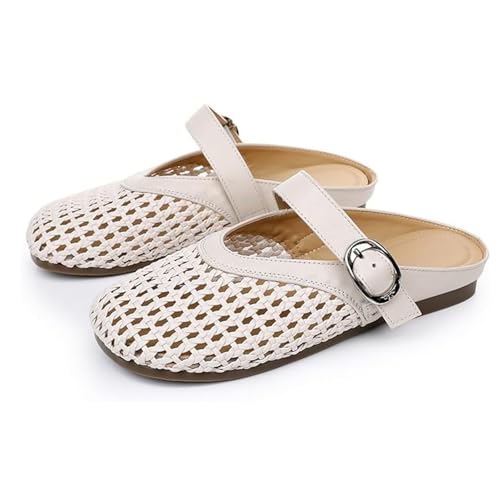 Gewebte flache Schuhe für Damen, elegant, breite Netz-Ballerinas, elegante Slingback-Schuhe, Damen, Kunstleder, lässiger Schnallenriemen, beige, 34.5 EU von LTHTX
