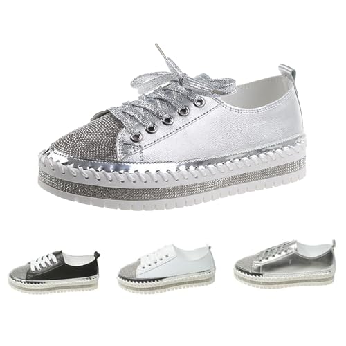 Glitzernde Strass Orthopädische Damen-Sneaker, modische Plateau-Freizeitschuhe Bling Walkingschuhe Tennis Schnürschuh, silber, 39.5 EU von LTHTX