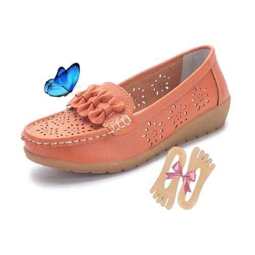 Halbschuhe für Damen 2024 Sommer Slip-On Fahren Loafers Komfort Lederschuhe für Arbeit Atmungsaktiv Rundkopf Walking Mokassin Schuhe, Orange, 36 EU von LTHTX