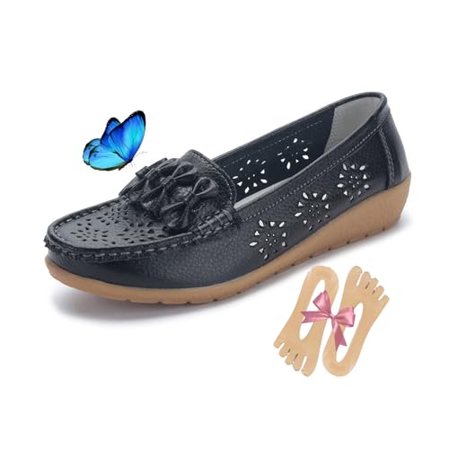 Halbschuhe für Damen 2024 Sommer Slip-On Fahren Loafers Komfort Lederschuhe für Arbeit Atmungsaktiv Rundkopf Walking Mokassin Schuhe, Schwarz , 42 EU von LTHTX