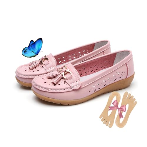 Halbschuhe für Damen 2024 Sommer Slip-On Fahren Loafers Komfort Lederschuhe für Arbeit Atmungsaktiv Rundkopf Walking Mokassin Schuhe, rose, 36 EU von LTHTX