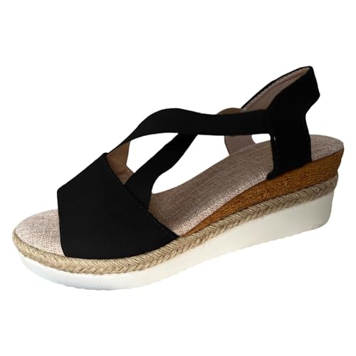 LIBIYI Sommer Flach Keilabsatz Fischmaul Casual Damen Sandalen Keilsandalen mit Fußgewölbeunterstützung Dotmalls Bequeme Freizeitsandalen, Schwarz , 36 EU von LTHTX