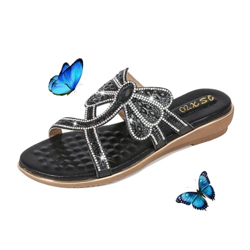 LTHTX 2024 Damen Bequeme Keilsandalen Orthopädische Sandalen mit Fußgewölbeunterstützung Bling Sandalen für Frauen Strass Sommer Strandschuhe, Schwarz , 37 EU von LTHTX