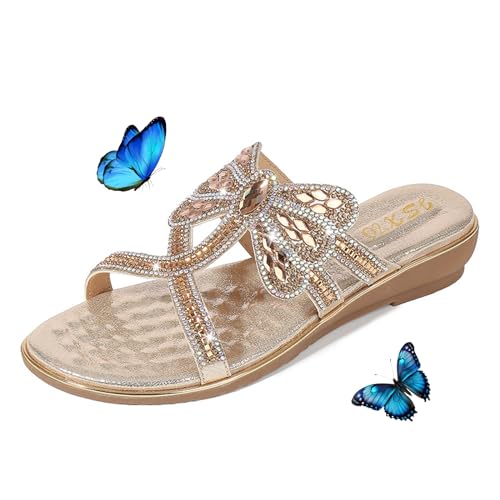 LTHTX 2024 Damen Bequeme Keilsandalen Orthopädische Sandalen mit Fußgewölbeunterstützung Bling Sandalen für Frauen Strass Sommer Strandschuhe, gold, 43 EU von LTHTX