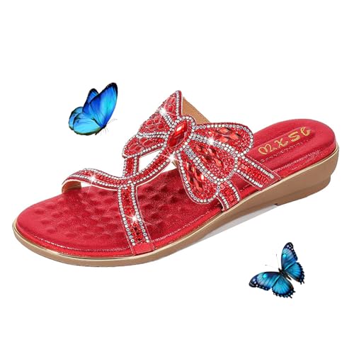 LTHTX 2024 Damen Bequeme Keilsandalen Orthopädische Sandalen mit Fußgewölbeunterstützung Bling Sandalen für Frauen Strass Sommer Strandschuhe, rot, 36 EU von LTHTX