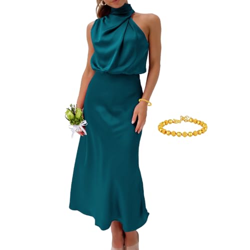 LTHTX Cocktailkleider für Damen, ärmellos, Partykleid, elastische Taille, Hochzeitsgästekleid, Satin, Maxi-Abendkleid, Stehkragen, seeblau, X-Large von LTHTX