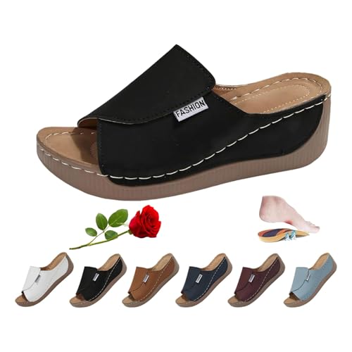 LTHTX Damen Casual Wedge Slide Sandalen Plateau Sandalen mit Fußgewölbeunterstützung Sommer Slip on Walking Casual Schuhe, Schwarz , 37 EU von LTHTX
