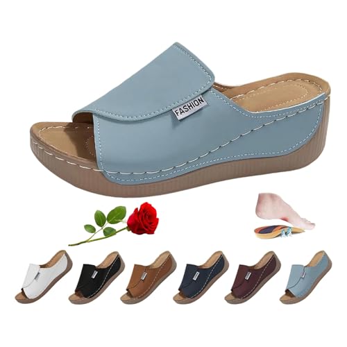 LTHTX Damen Casual Wedge Slide Sandalen Plateau Sandalen mit Fußgewölbeunterstützung Sommer Slip on Walking Casual Schuhe, blau, 40.5 EU von LTHTX