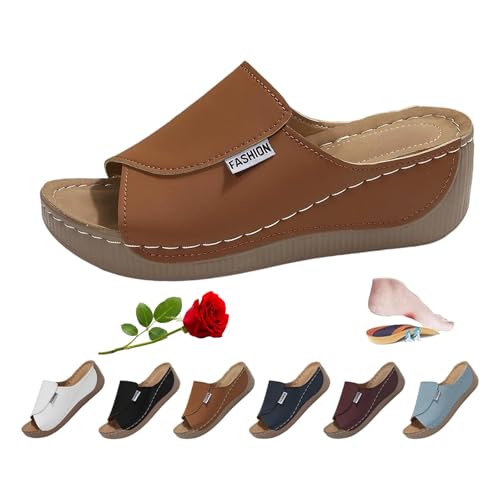 LTHTX Damen Casual Wedge Slide Sandalen Plateau Sandalen mit Fußgewölbeunterstützung Sommer Slip on Walking Casual Schuhe, braun, 41 EU von LTHTX