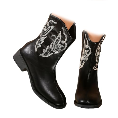 LTHTX Damen Cowboy-Cowgirl-Stiefel mit spitzem Zehenbereich und klobigem Absatz bestickt Mid Calf Westernstiefel für Themenparty Country Konzert, Schwarz , 41 EU von LTHTX