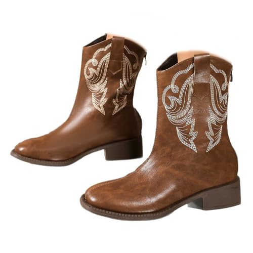 LTHTX Damen Cowboy-Cowgirl-Stiefel mit spitzem Zehenbereich und klobigem Absatz bestickt Mid Calf Westernstiefel für Themenparty Country Konzert, braun, 39.5 EU von LTHTX