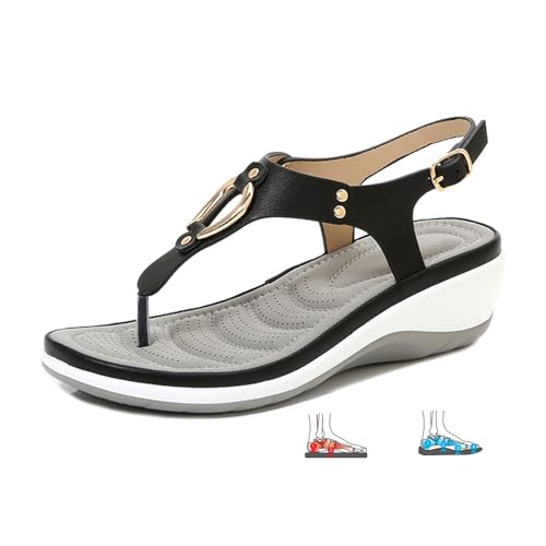 LTHTX Damen-Flip-Flops mit Fußgewölbeunterstützung, weich, gepolstert, orthopädische Sandalen, Plateau-Flip-Flop-Schnalle, Knöchelriemen, Komfort, Keilabsatz, Sandalen, Schwarz , 36 EU von LTHTX