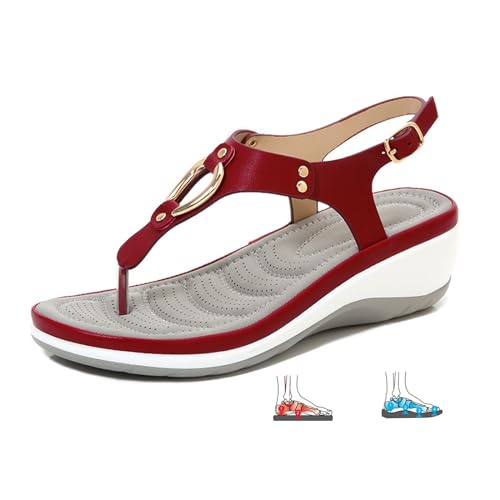 LTHTX Damen-Flip-Flops mit Fußgewölbeunterstützung, weich, gepolstert, orthopädische Sandalen, Plateau-Flip-Flop-Schnalle, Knöchelriemen, Komfort, Keilabsatz, Sandalen, rot, 40 EU von LTHTX