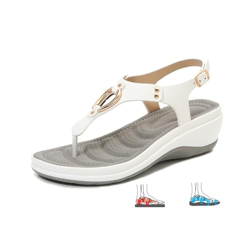 LTHTX Damen-Flip-Flops mit Fußgewölbeunterstützung, weich, gepolstert, orthopädische Sandalen, Plateau-Flip-Flop-Schnalle, Knöchelriemen, Komfort, Keilabsatz, Sandalen, weiß, 38 EU von LTHTX