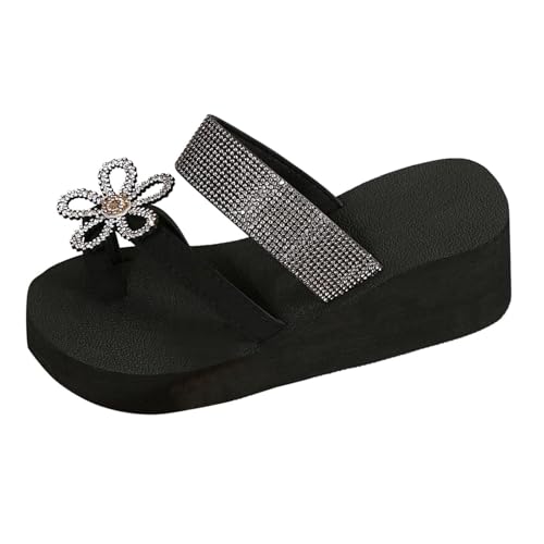 LTHTX Damen Keilabsatz Strass Plateau Sandalen rutschfest Elegant Schwarz Keilabsatz Flip Flops für Sommer Strand Urlaub, Schwarz , 39 EU von LTHTX