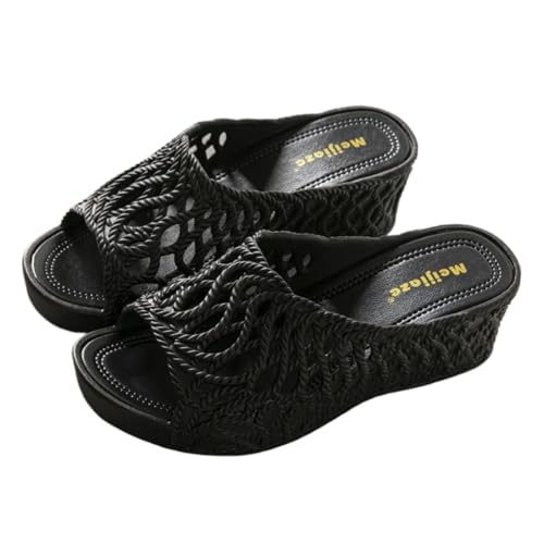 LTHTX Damen Komfort Plateau Keilausschnitt Sandalen Sommer Strand Sandalen Elegante Slides rutschfeste Indoor Outdoor Hausschuhe, Schwarz , 37.5 EU von LTHTX