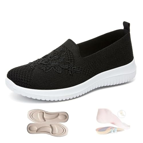 LTHTX Damen Rose Atmungsaktive Flache Schuhe Blumenstickerei Slip On Gestrickte Loafers Bequeme rutschfeste Walkingschuhe, Schwarz , 38.5 EU von LTHTX