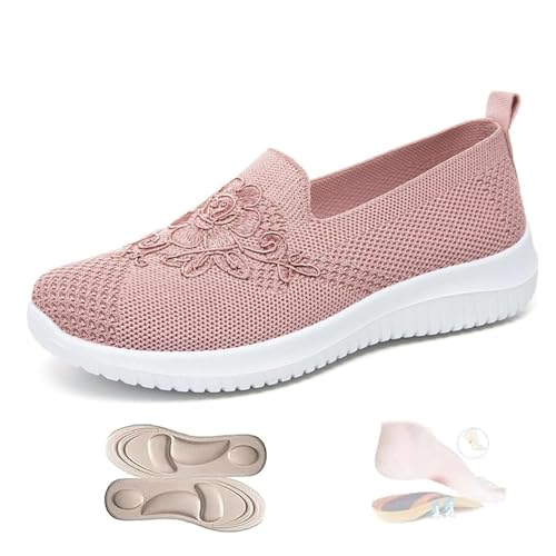 LTHTX Damen Rose Atmungsaktive Flache Schuhe Blumenstickerei Slip On Gestrickte Loafers Bequeme rutschfeste Walkingschuhe, rose, 38.5 EU von LTHTX