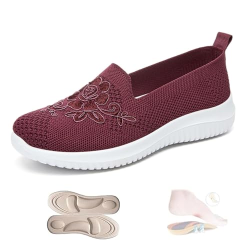LTHTX Damen Rose Atmungsaktive Flache Schuhe Blumenstickerei Slip On Gestrickte Loafers Bequeme rutschfeste Walkingschuhe, violett, 36 EU von LTHTX