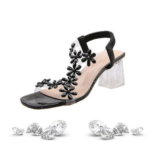 LTHTX Damen-Sandalen mit klarem quadratischem Zehenbereich, Strass, Blumenmuster, offener Zehenbereich, Blockabsatz, glitzernde Sandalen für Damen, Hochzeit, Kleid, Party, Schwarz , 34 EU von LTHTX