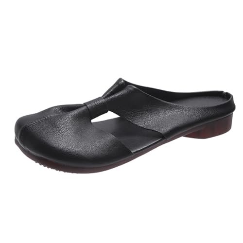 LTHTX Damen Soft Sole Knot Mules Plus Size Cut Out Design Soft Leather Mules Comfort Slip on Non-Slip Flat Slippers Women, Schwarz , 38 EU von LTHTX