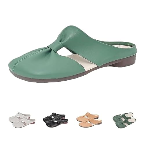 LTHTX Damen Soft Sole Knot Mules Plus Size Cut Out Design Soft Leather Mules Comfort Slip on Non-Slip Flat Slippers Women, grün, 34.5 EU von LTHTX