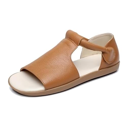LTHTX Damen Sommer Offene Zehen Sandalen Echtes Leder Flats Römersandalen Komfort Weiche Sohle Rutschfeste Strand Walkingschuhe, hellbraun, 35 EU von LTHTX