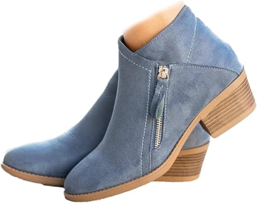 LTHTX Damen-Stiefeletten mit klobigem Absatz und seitlichem Reißverschluss, modische Wildleder-Chelsea-Stiefel mit niedrigem Absatz, Western-Cowboystiefel für Frauen (Blau, 38 EU) von LTHTX