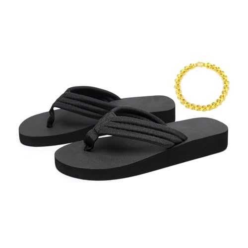 LTHTX Damen rutschfeste flache Unterseite Flip Flops Weiche Plattform Strand Sandalen Bequeme Y2k Flip Flops Sommer Thong Hausschuhe, Schwarz , 38.5 EU von LTHTX
