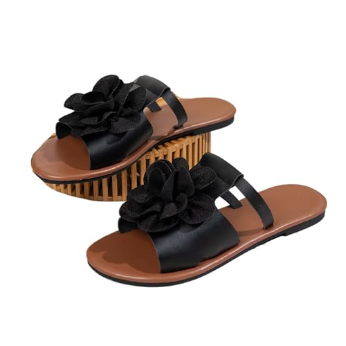 LTHTX Flache Damen-Sandalen mit Blumenmuster, zum Reinschlüpfen, weiche Sohle, Strandsandalen, elegant, niedlich, Urlaub, Slides für Hochzeit, Schwarz , 39 EU von LTHTX