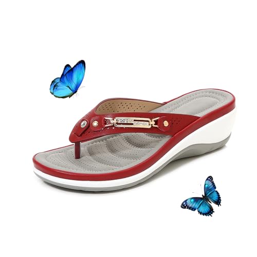 LTHTX Orthopädische Damen-Sandalen, Leder-Sandalen mit Fußgewölbeunterstützung, Flip-Flops, Sommersandalen für Damen, Urlaub, Strand, Pool, Flip-Flops, rot, 37 EU von LTHTX