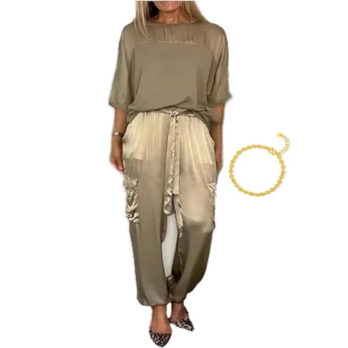 Set aus glattem Satin, halblange Ärmel, Oberteil und Hose, Sommer, Damen, cooler Satin, lässiger 2-teiliger Anzug für Loungewear, Jogger, Lounge-Set (XL, Braun), gold, 42 von LTHTX