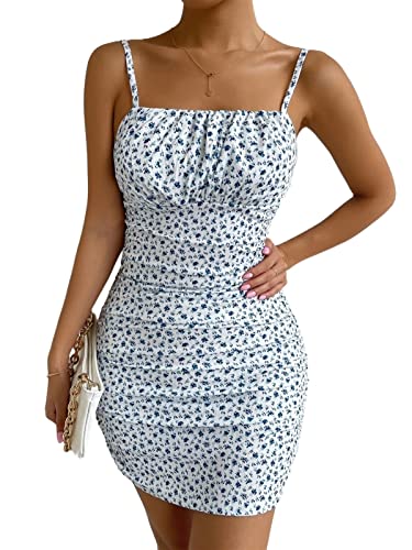 LTLCLZ Sommerkleid Damen Kleider for Frauen ärmellose Sommer 2022 Floral Ruched Bodycon Mini Kleid (Color : Blue and White, Size : XS) von LTLCLZ