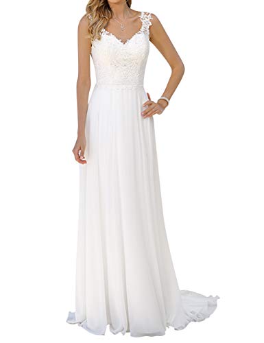 Damen Brautkleid Lang Boho Strand Hochzeitskleider Spitze Chiffon, LTNBAUFU, Weiß, 38 von LTNBAUFU
