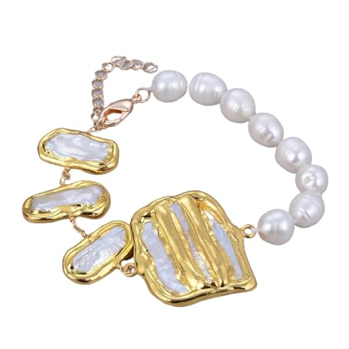 LTRAJUYNH Pearl Connector Gold Edge Plated White Rice Pearl Chain Bracelet 8" von LTRAJUYNH