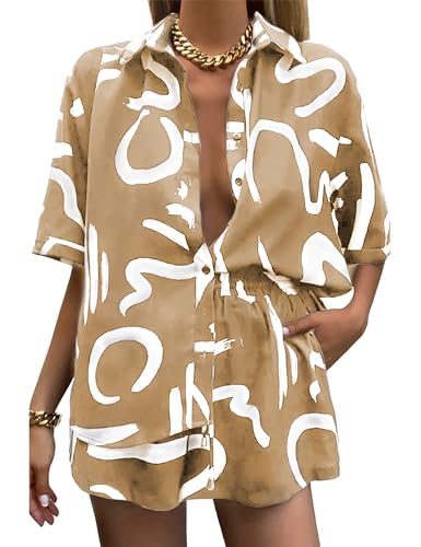 LTSCNRM 2-teiliges Damen-Outfit-Set, Sommer, Strand, lässig, bedruckte Hemden und Shorts, Lounge-Sets (Darkkhaki-L) von LTSCNRM