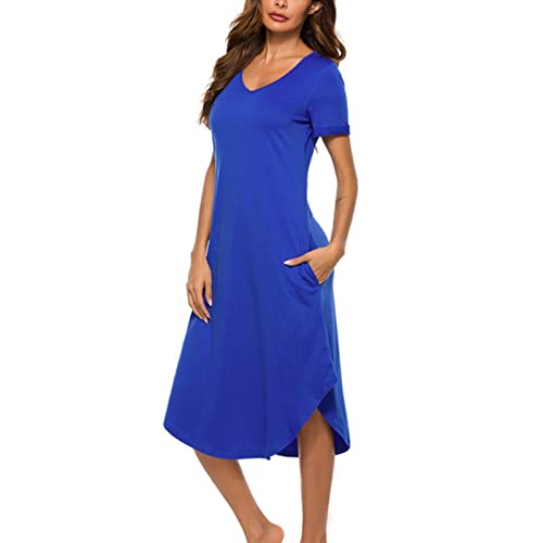 Damen Nachthemd Nachtwäsche Kurzarm V-Ausschnitt Nachtkleid Sleepshirt Schlafanzug mit Taschen Nachthemd für Damen von LTWOTEJNG