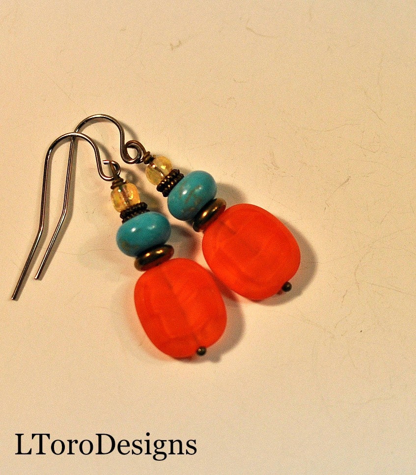 Boho Ohrringe, Handgemachter Schmuck, Orange Baumeln Hypoallergene Antike Bronze , Tropfen Ohrringe Boho Ohrringe, Handgemachter Schmuck, Orange Baumeln Hypoallergene Antike Bronze , Tropfen Ohrringe von LToroDesigns